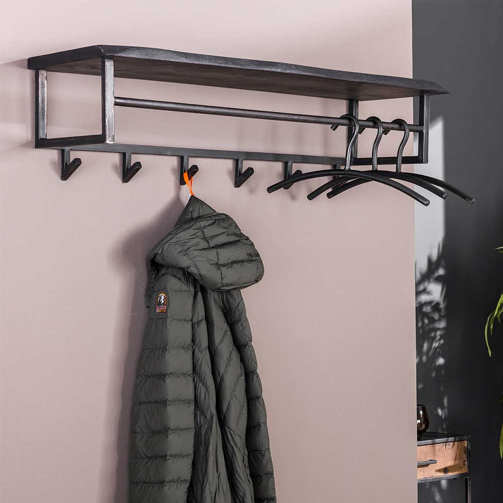 Dunkle Garderobe aus Holz und Metall mit Ablage und Haken für den Flur – Chazy