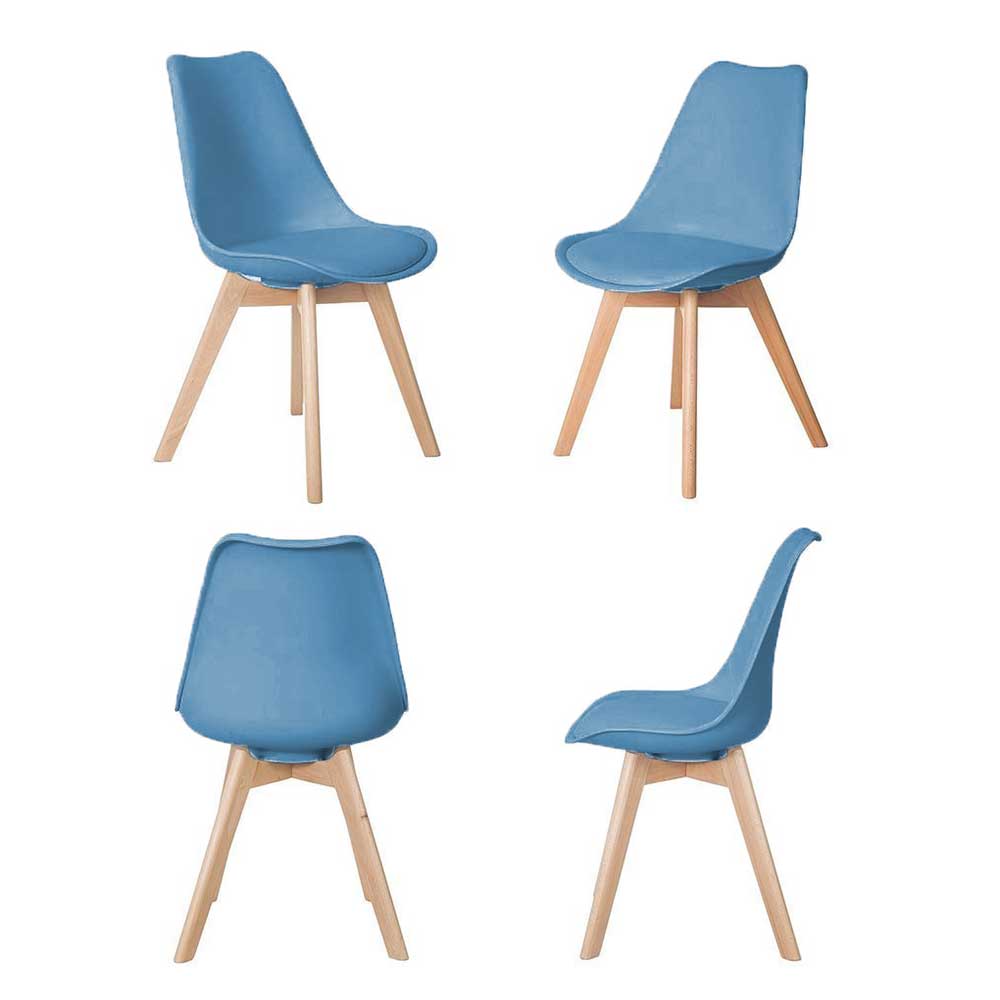 Vier hellblaue Esszimmerstühle im 4er Set mit Holzbeinen aus Buche und ergonomischer Schale – Drannelus