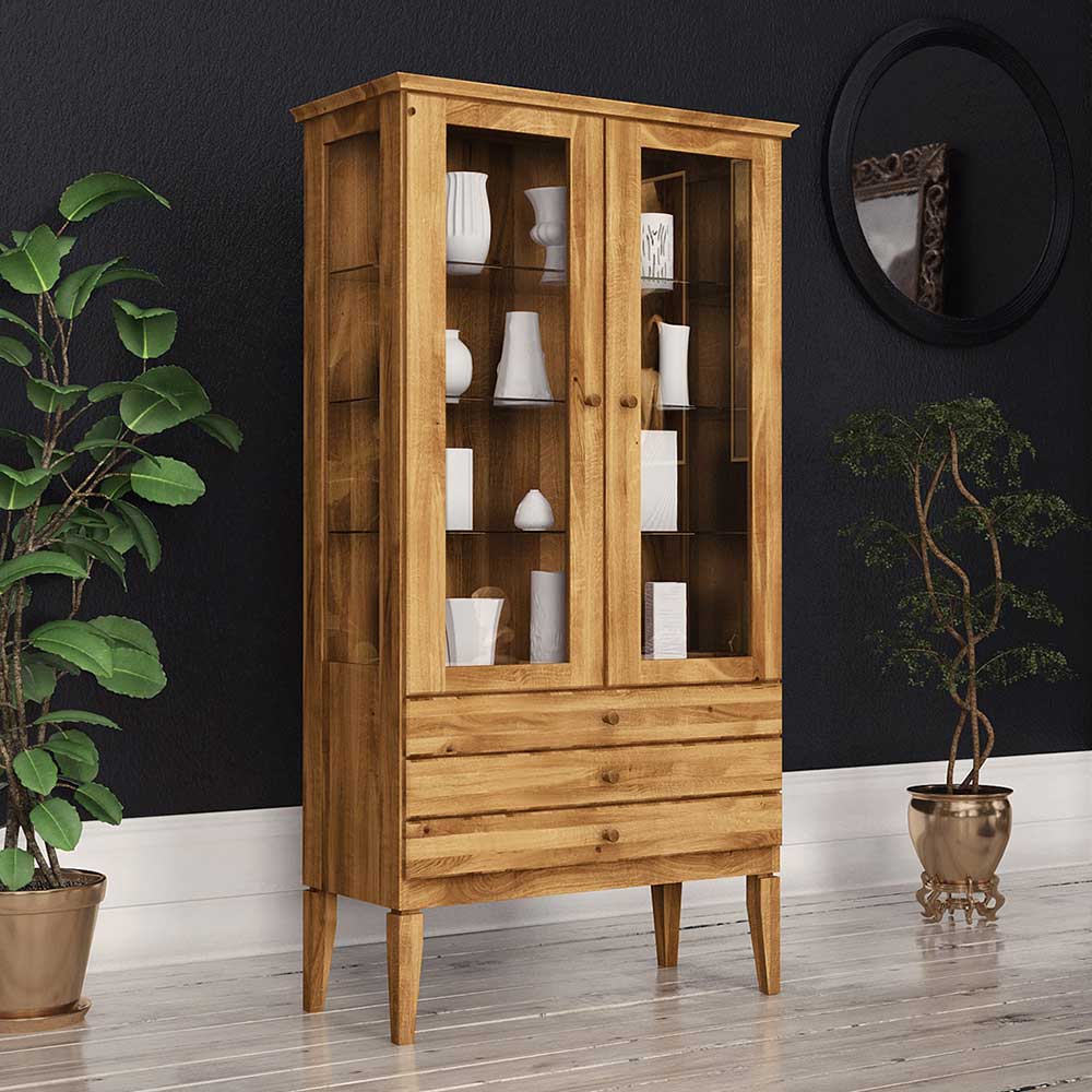 Geräumige Holzvitrine aus massiver Wildeiche mit Glasfächern und Schubladen – Masdamos