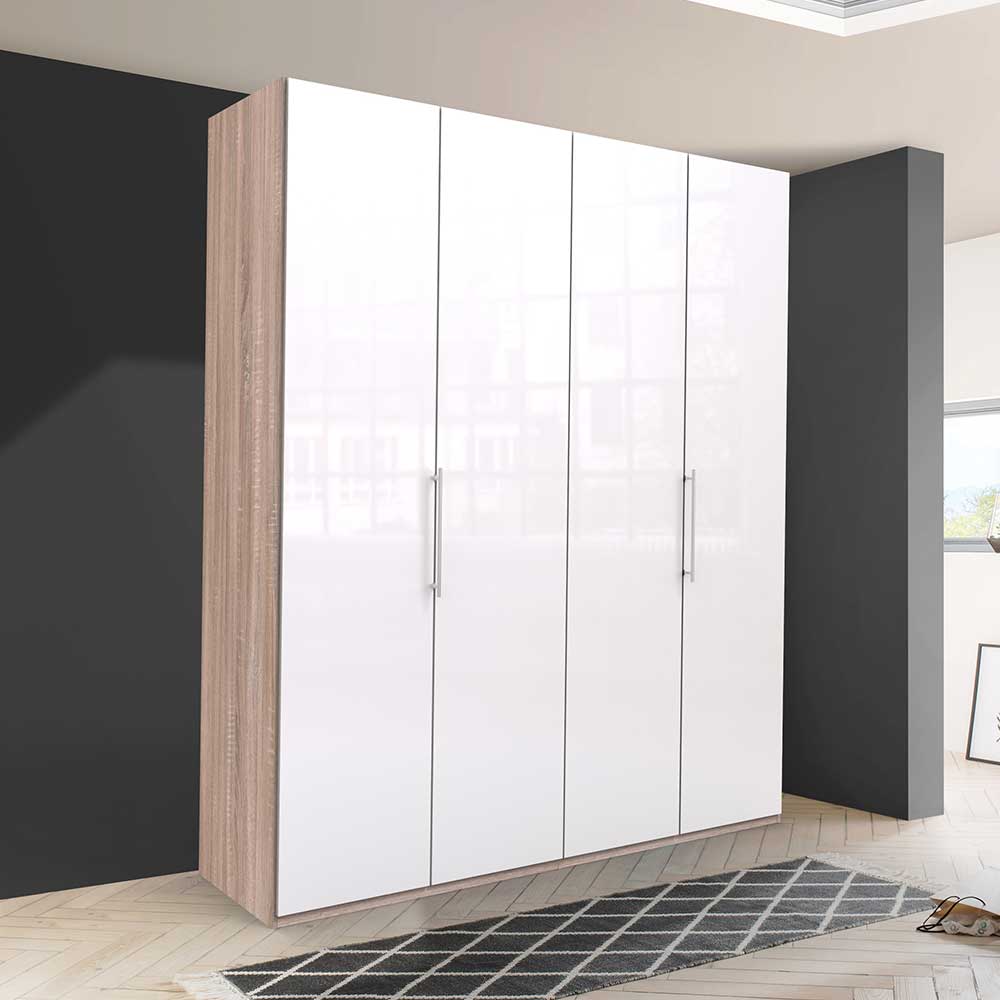 Breiter Kleiderschrank mit 4 weißen Hochglanz-Türen und Holzdekor-Seiten für Schlafzimmer – Bosays