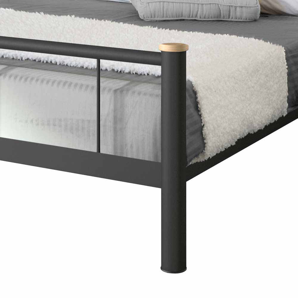 Stabiler Bettrahmen aus schwarzem Metall mit abgerundetem Holzpfosten für Schlafzimmer – Amsolia