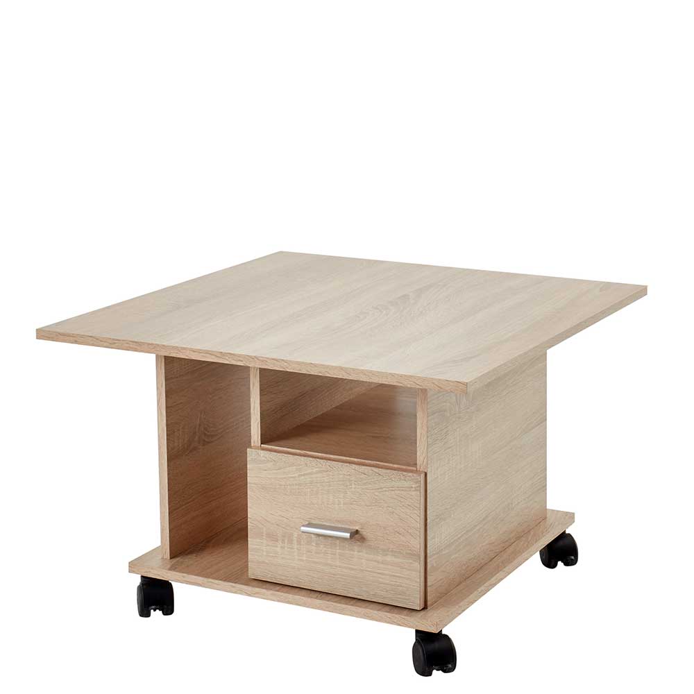 Quadratischer Wohnzimmertisch in heller Eiche mit integriertem Stauraum und Rollen – Ackora