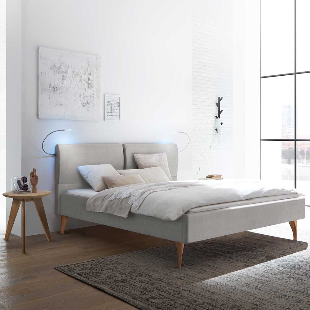 Skandi Bett in Grau mit Eiche Bianco - Potosia