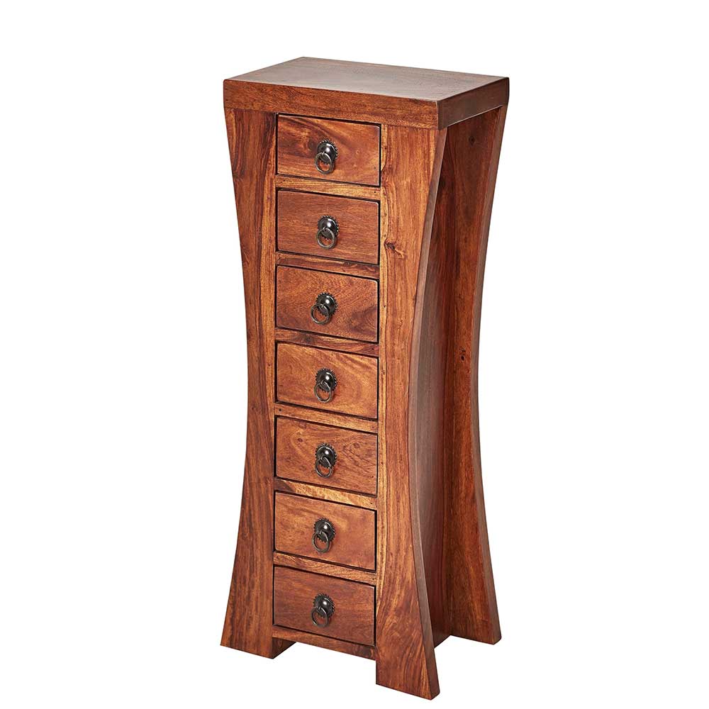 Elegante Massivholz Hochkommode mit 7 Schubladen und geschwungener Form für das Wohnzimmer – Yanathon