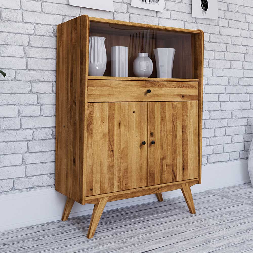 Mid Century Vitrinenschrank aus geölter Wildeiche mit Glastür, Schublade und zwei Türen – Hardus