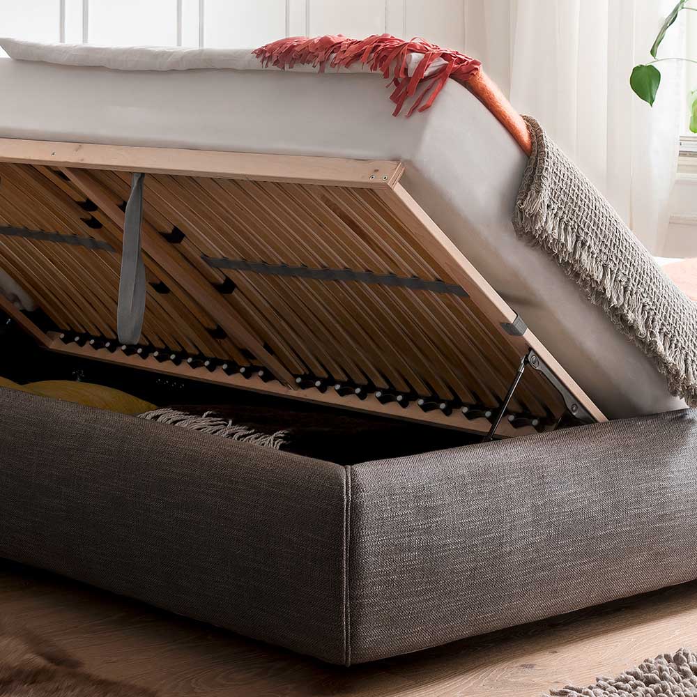 Graues Polsterbett mit Bettkasten - Lecentra