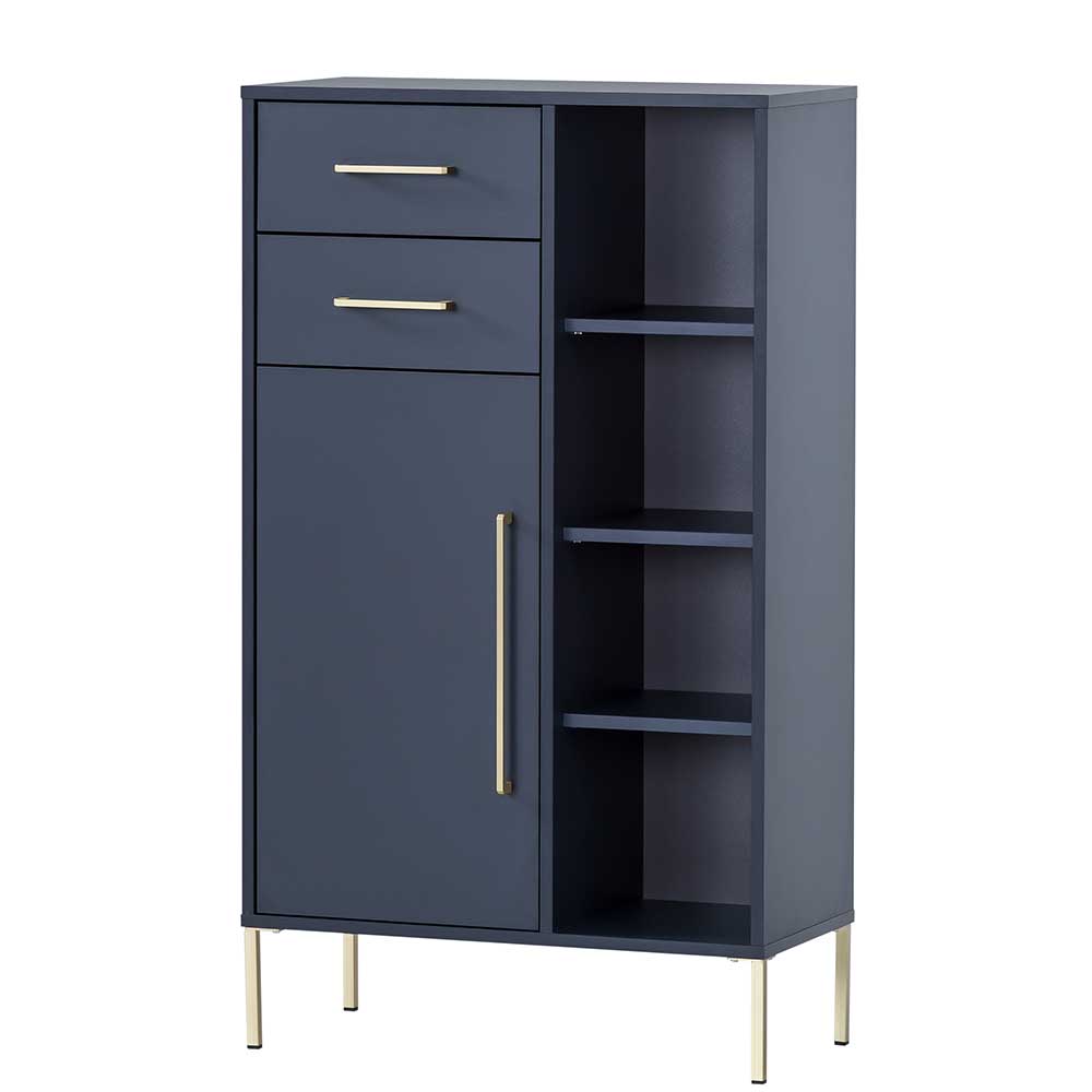 Stilvolles dunkelblaues Highboard mit goldfarbenen Beinen und offenen sowie geschlossenen Fächern – Chinale