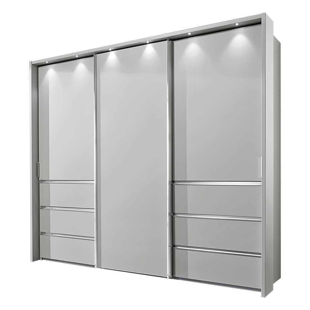 Großer Schwebetürenschrank in Hochglanz Grau mit drei Türen und LED-Beleuchtung – Cinandra