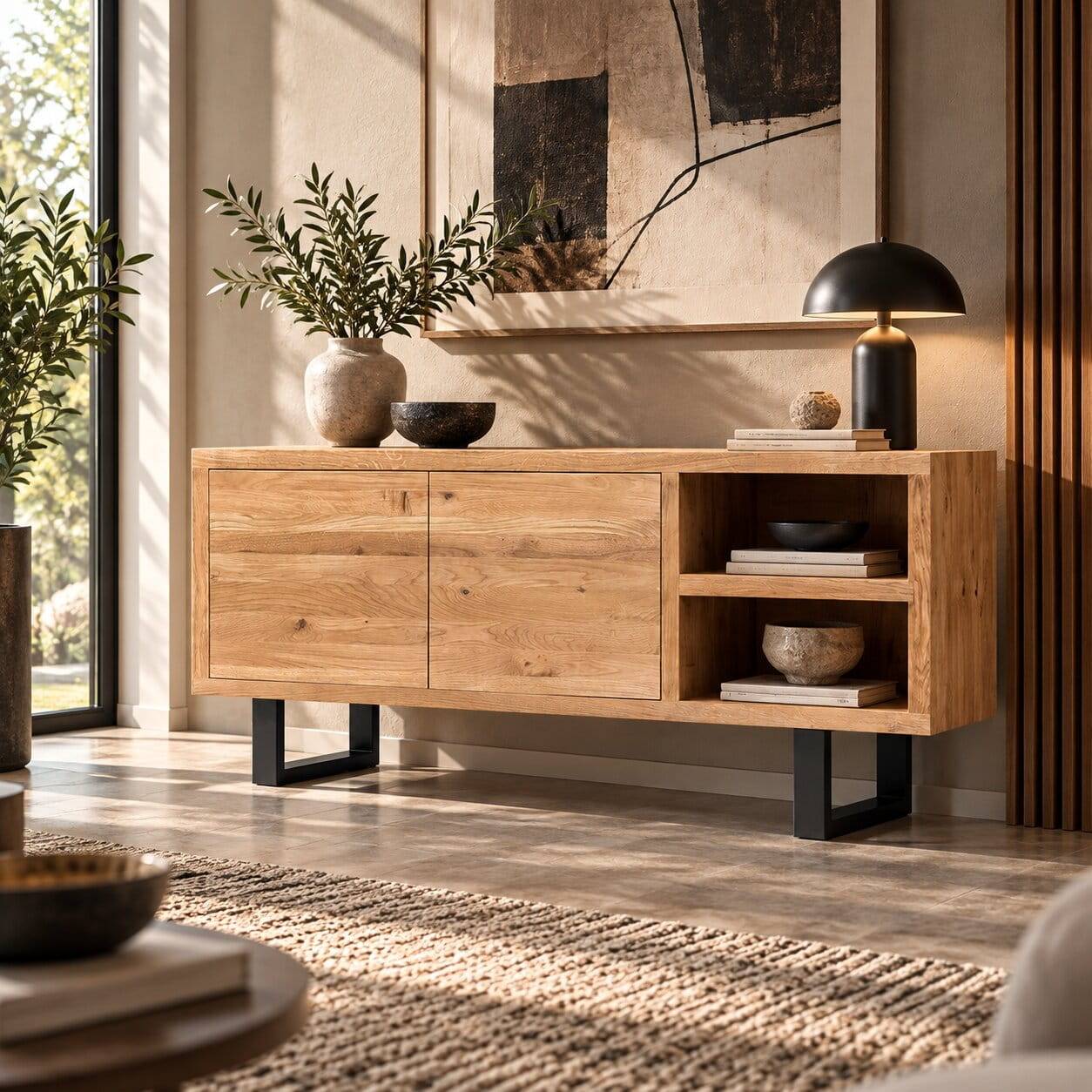 180x75x45 Asteiche Sideboard mit Metallfüßen - Ventida
