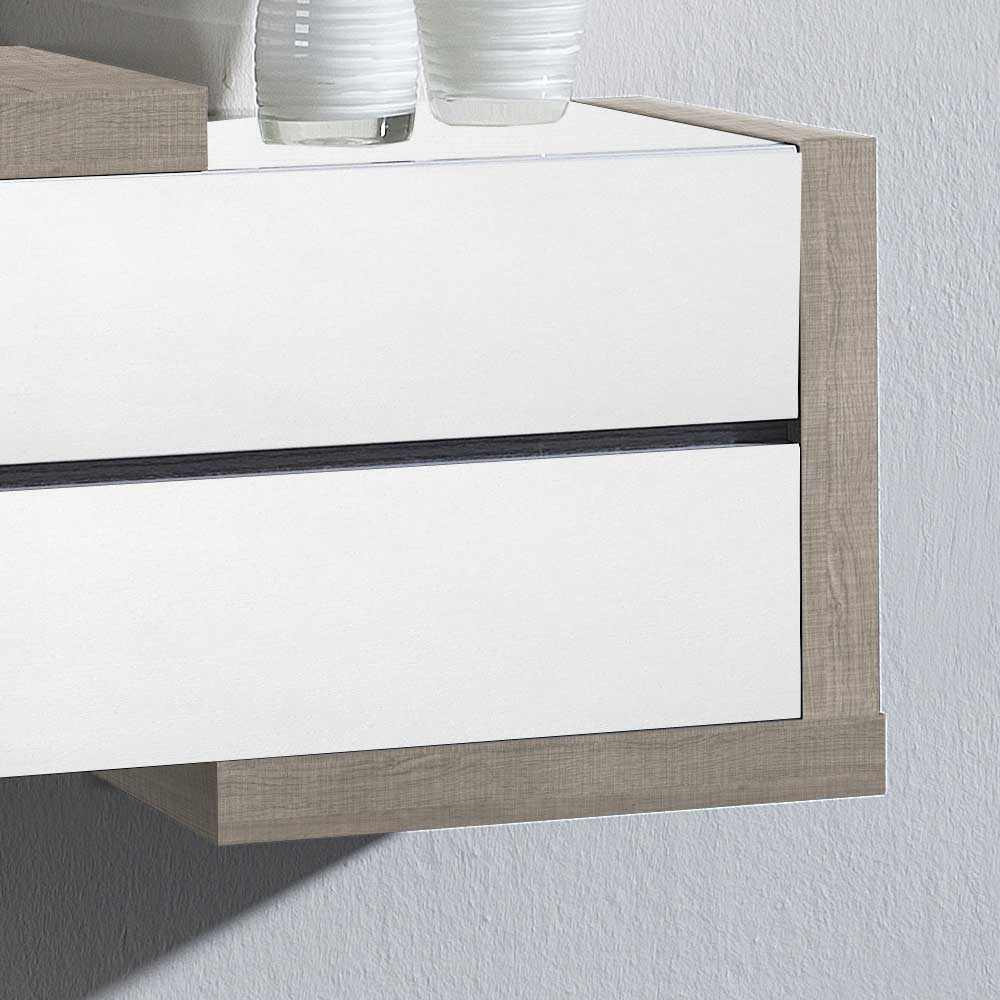 Schubladenkonsole Detail in Holzoptik und Weiß, mit dunkler Griffleiste – Murez