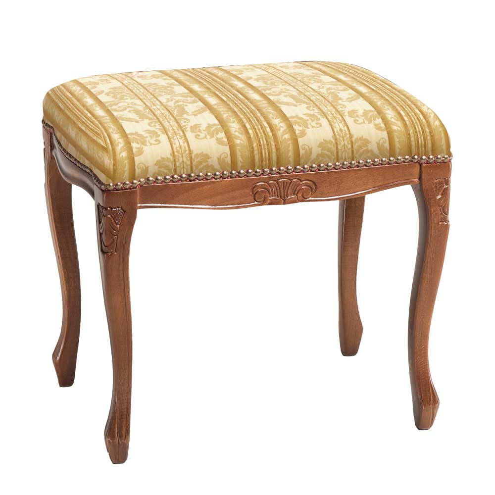 Klassisch eleganter Polsterhocker mit gold gemusterter Sitzfläche und geschwungenen Holzbeinen – Morloca