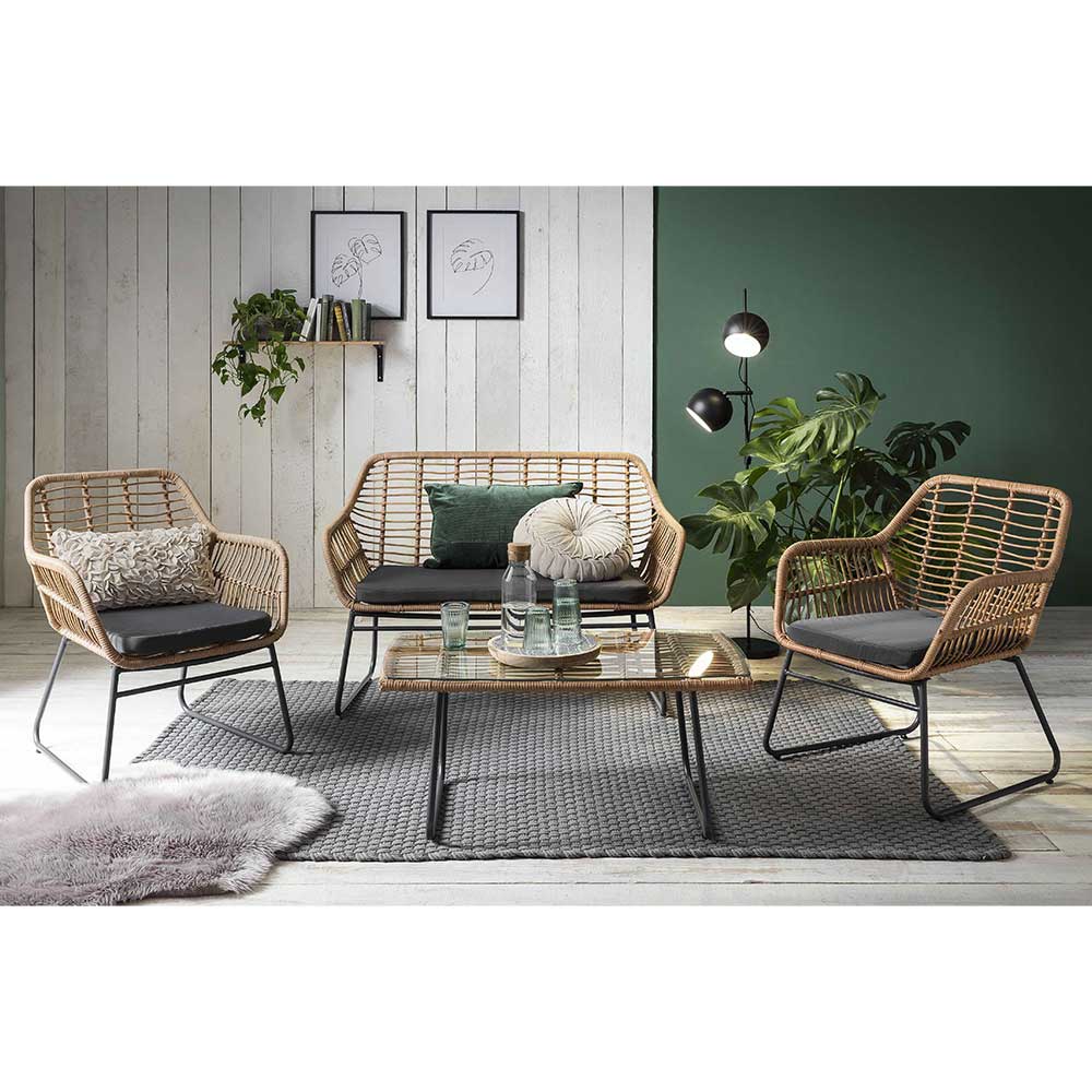 Lounge Sitzgruppe aus Geflecht in Beige - Renzo (vierteilig)