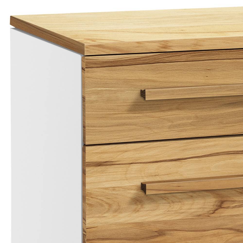Obere rechte Ecke der Anrichte mit Holzplatte, Schubladen und weißen Seiten – Marinus