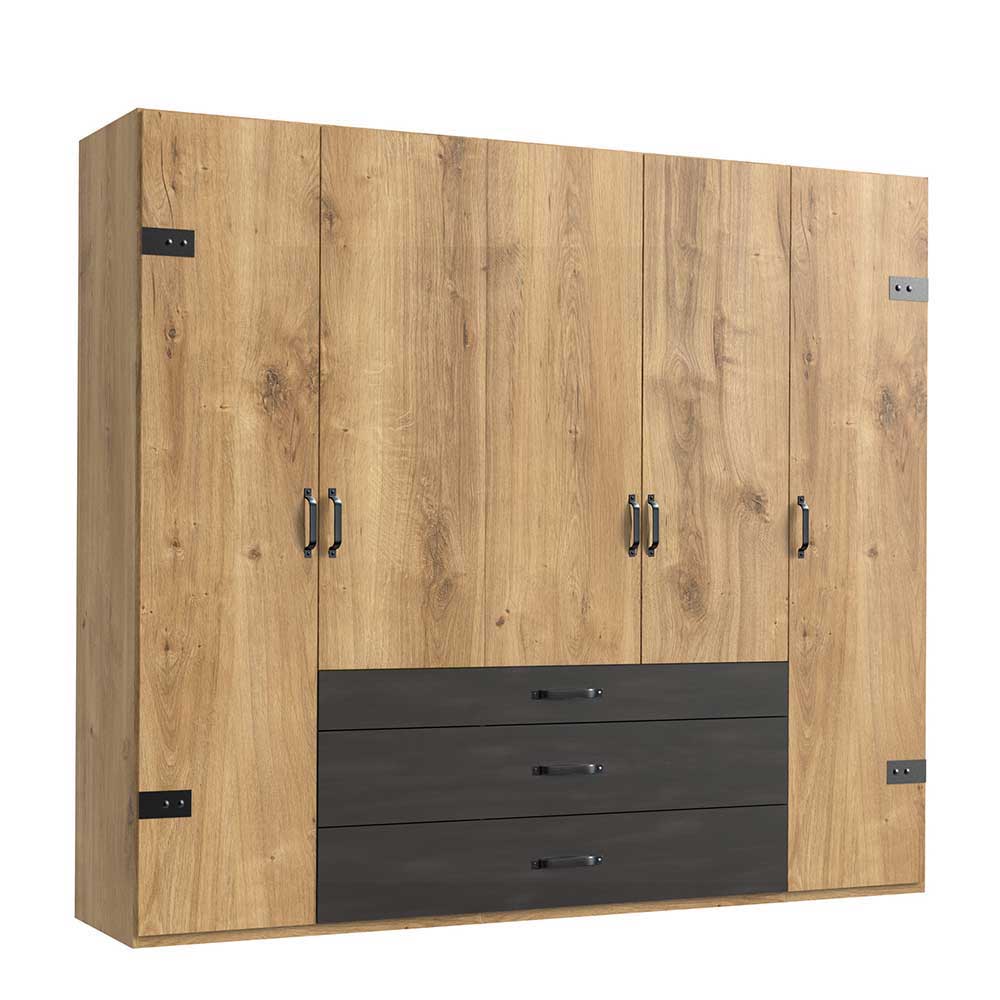 Großer Kleiderschrank Industrial-Stil Eiche-Optik mit sechs Türen und drei anthrazitfarbenen Schubladen – Bram