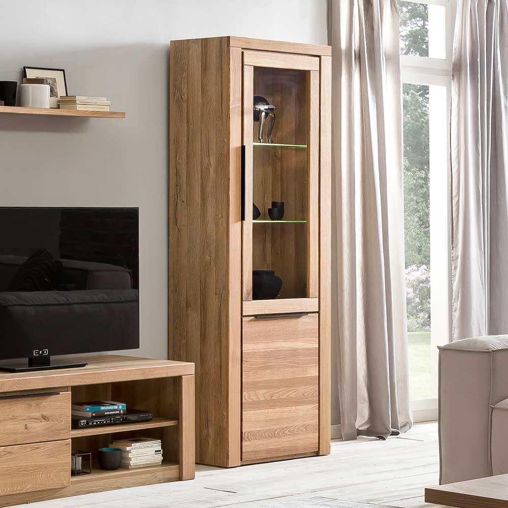 Hohe Vitrine aus massiver Eiche mit Glas- und Holztür für Wohnzimmer – Nelenia
