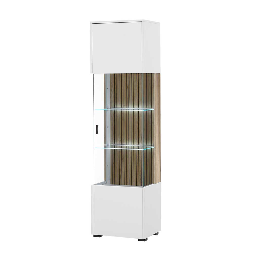 Wohnzimmer-Vitrine weiß Wildeiche-Optik mit Glastür, Glasböden und LED-Beleuchtung – Nenaloro