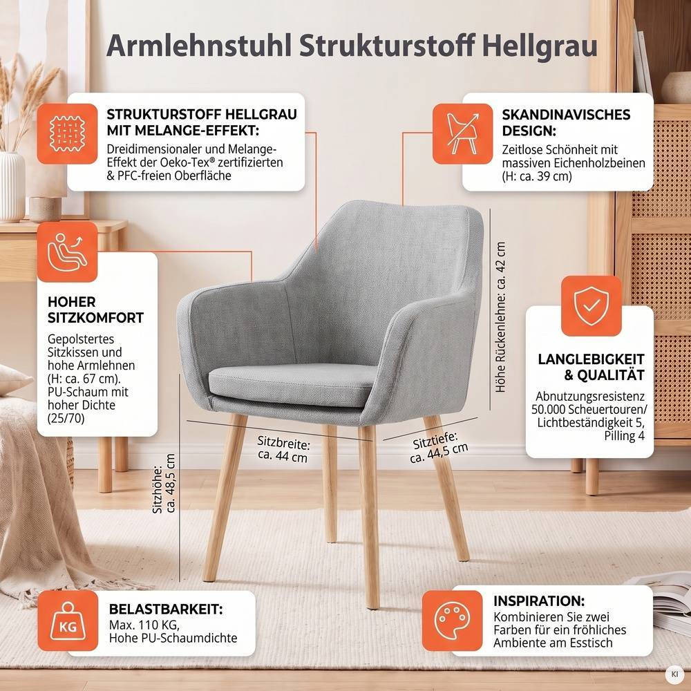 Gemütlicher Armlehnstuhl in Hellgrau mit Strukturstoff, skandinavischem Design und Komfortmerkmalen – Loppara
