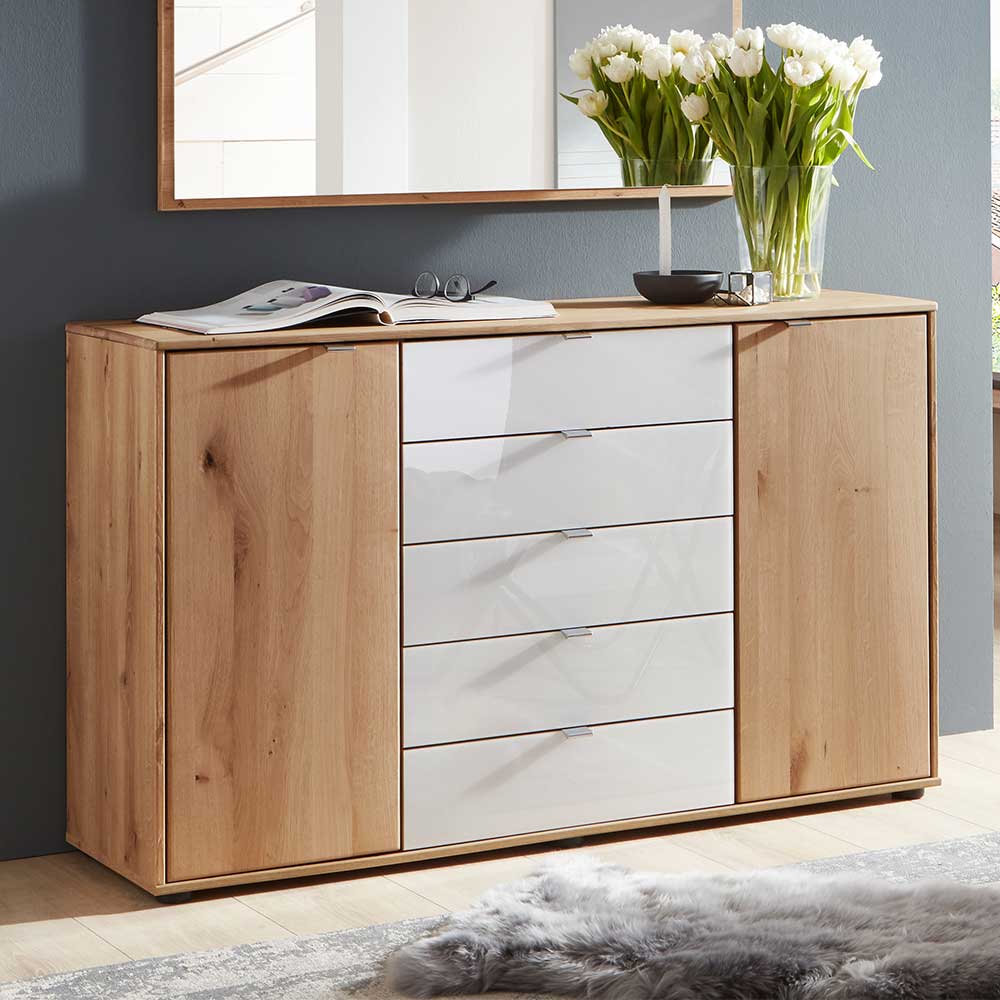 Kommode in Eiche Bianco & Weiß Glas - Crucav