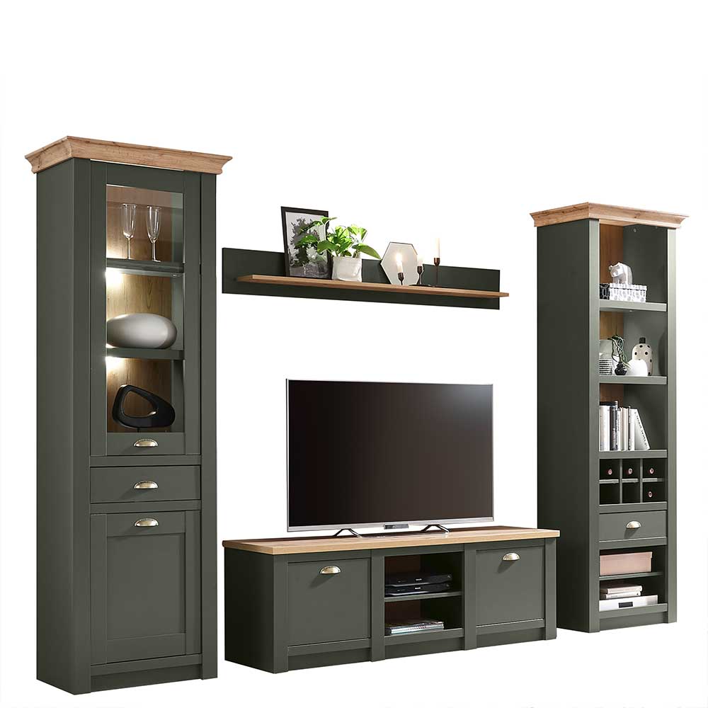 Vierteilige Anbauwand in Graugrün und Wildeiche mit Vitrine, TV-Lowboard und Regalschrank – Eylan