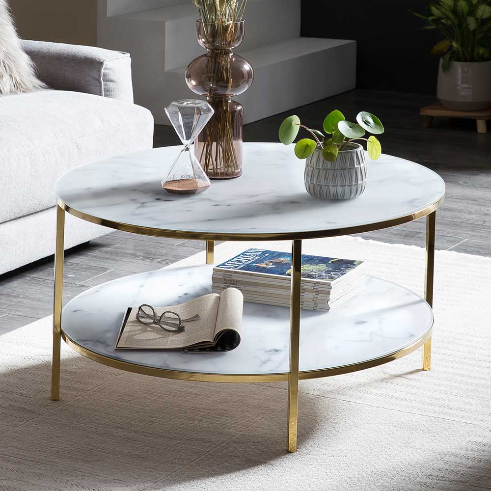 Runder Wohnzimmertisch in Marmor-Optik & Gold - Western