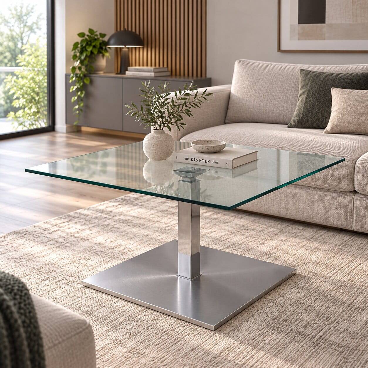 Eleganter Glas Couchtisch auf Säulengestell - Ballardo