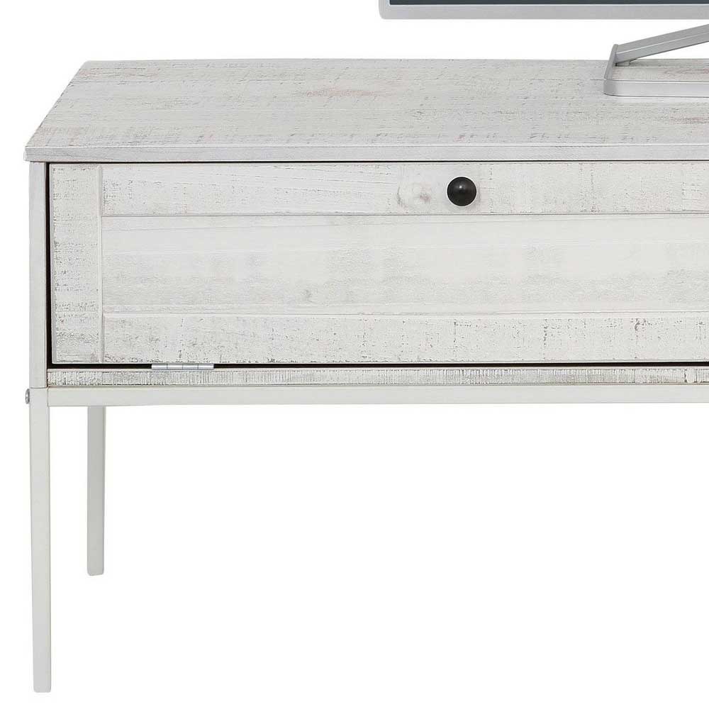 Detailansicht des cremefarbenen TV-Sideboards mit schwarzem Knopf und Holzmaserung – Ejeliva