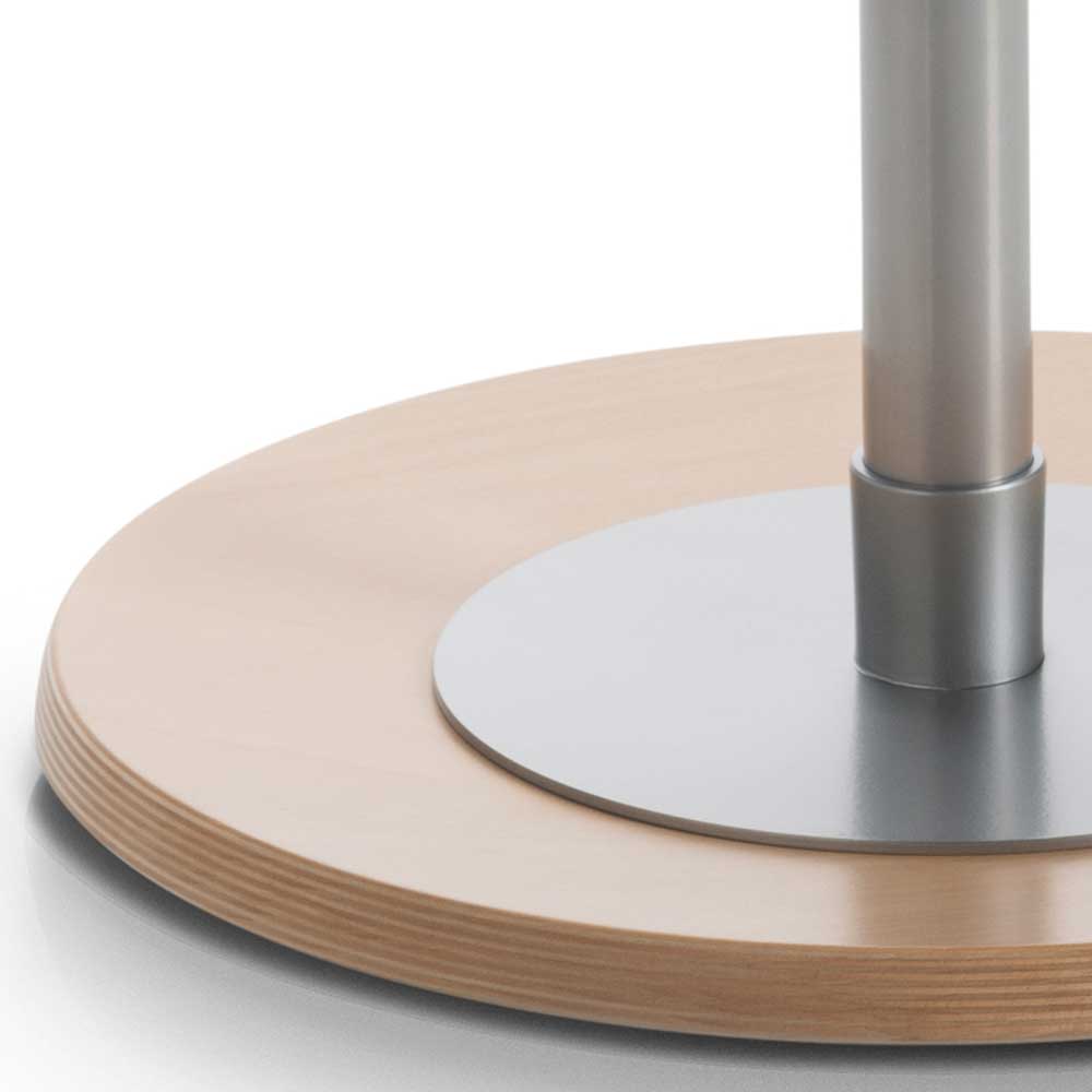 Runde Holzplatte des ergonomischen Stehhockers mit silberner Metallbasis – Simpra