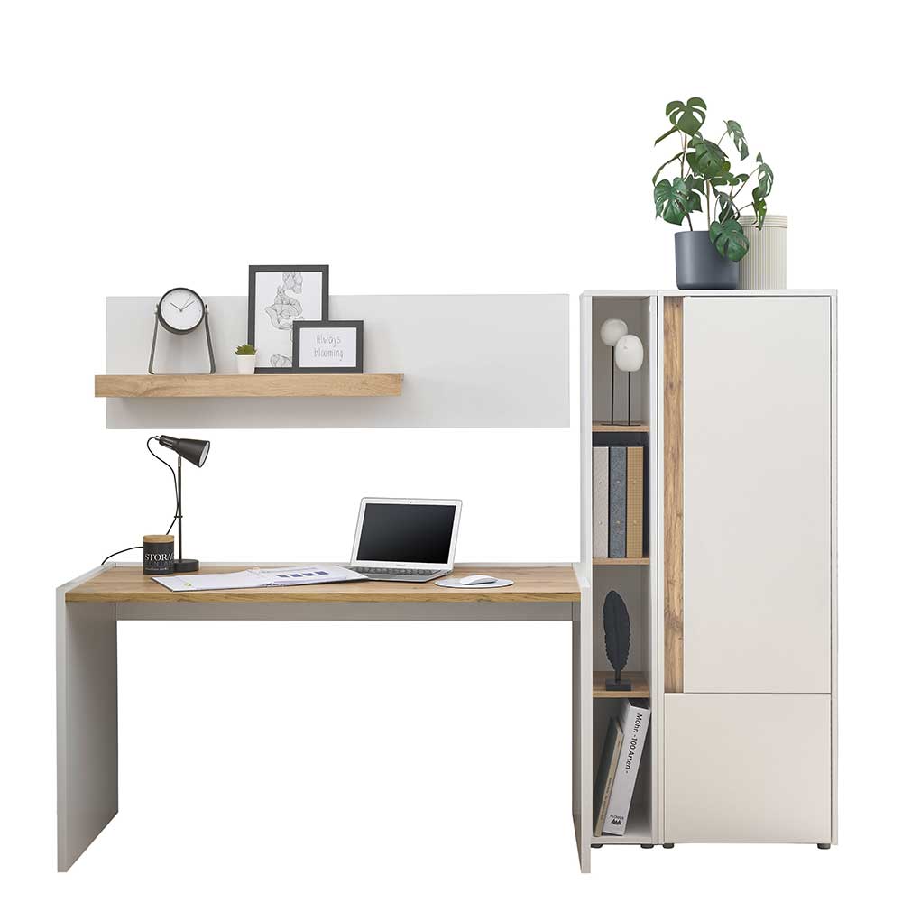 Vierteiliger Home Office Arbeitsplatz mit Schreibtisch Regal und Stauraum in Weiß und Holzoptik – Nonessia