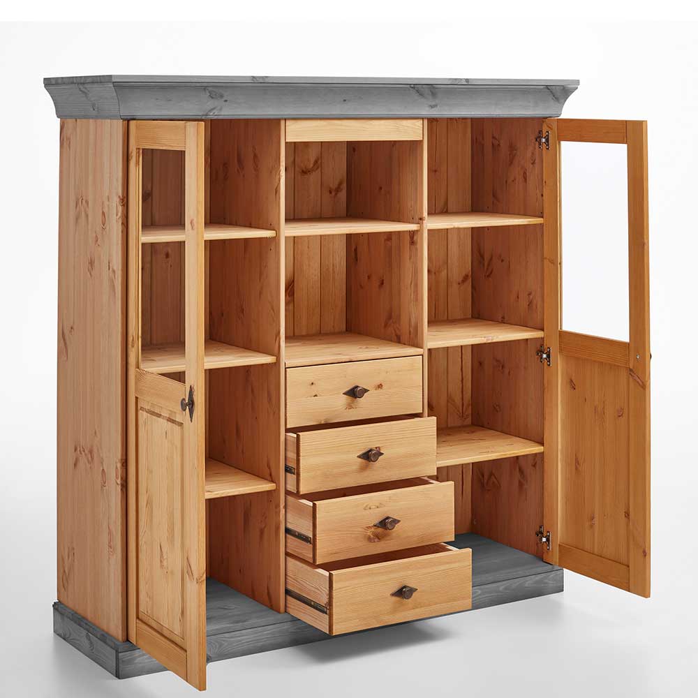 Landhaus Highboard mit Glas aus Kiefer - Eshelas
