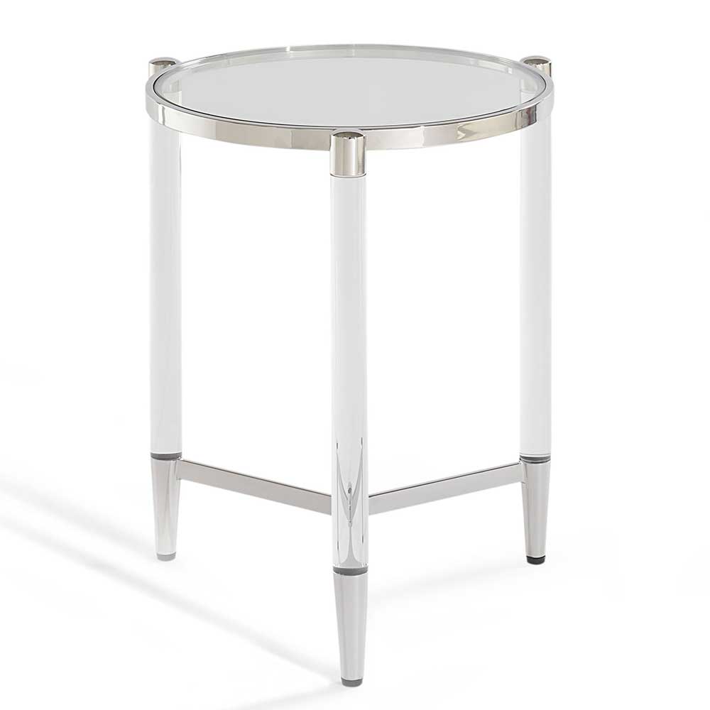 Runder Beistelltisch mit transparenter Glasplatte und Acrylglasbeinen auf Chromgestell – Babeny