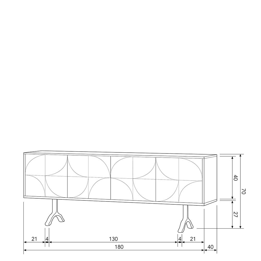 Design Sideboard aus Nussbaum Mango Holz Maße und Abmessungen technische Zeichnung – Pisino