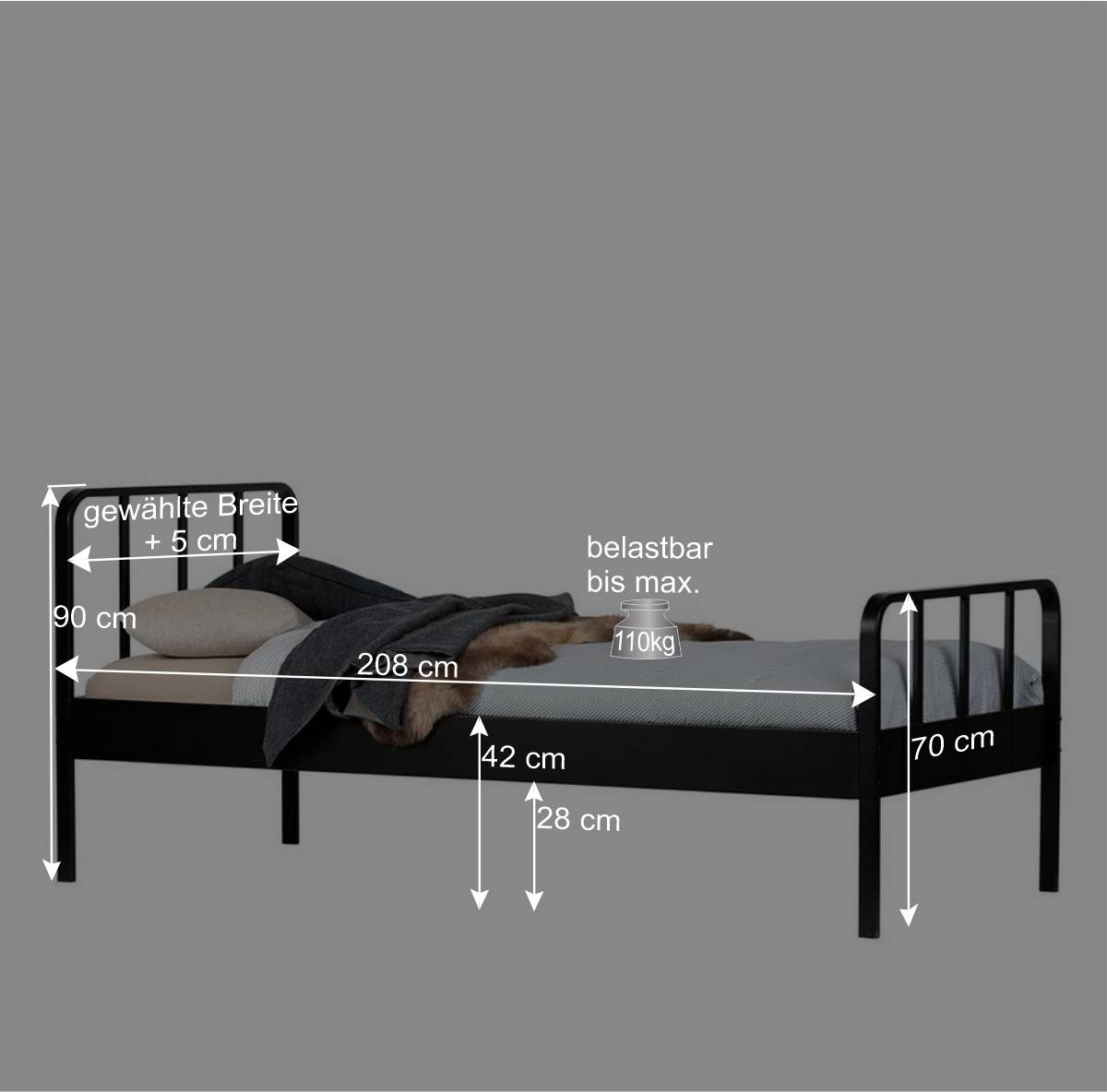 Metallbett mit Kopf- und Fußteil in Schwarz - Shinano