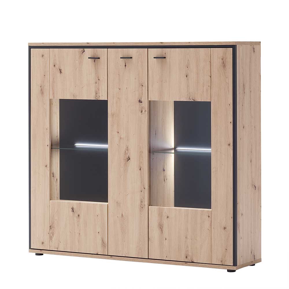 3-türiges Highboard in Eiche Dekor mit schwarzen Griffen und zwei Glasvitrinen – Nikdus