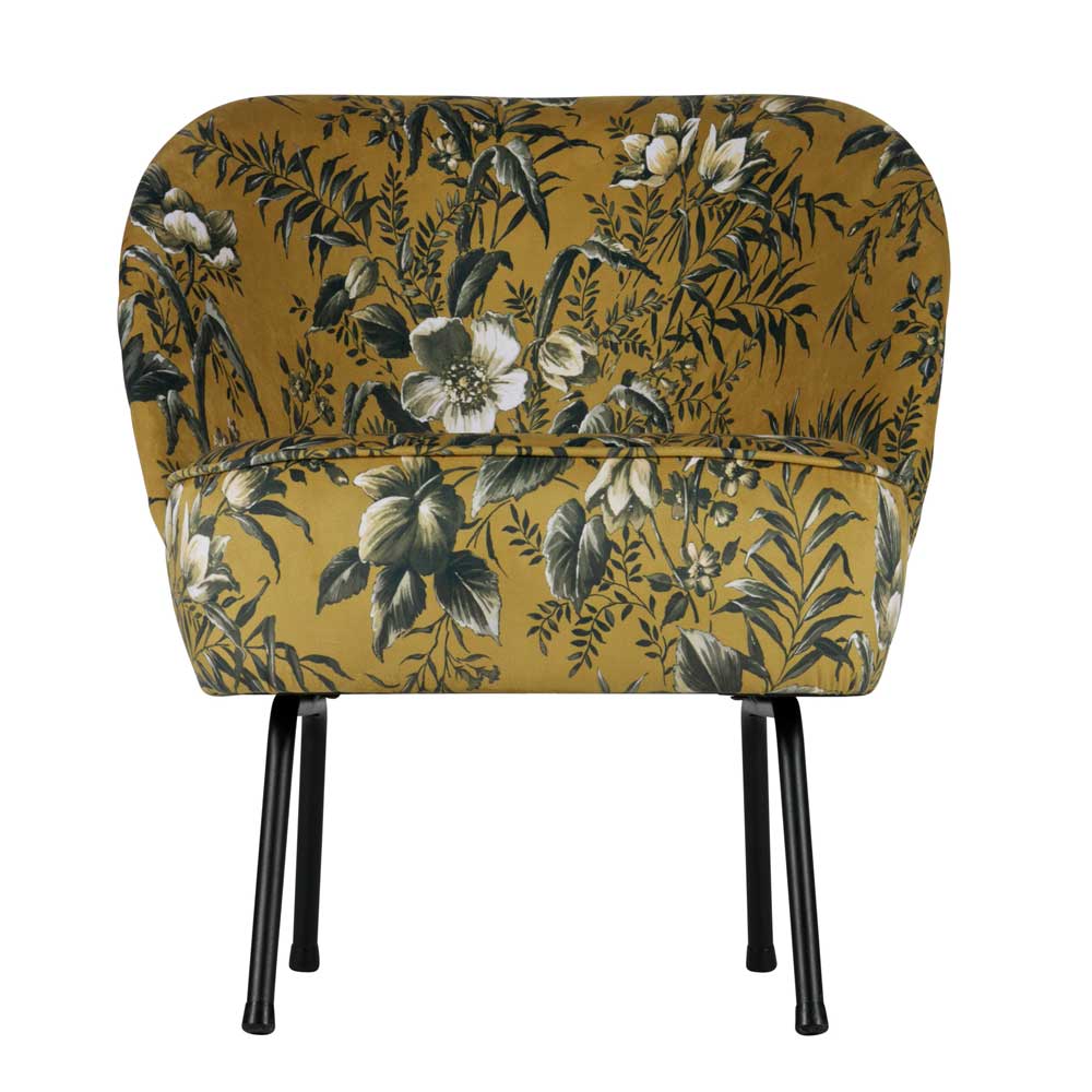 Gelber Designsessel mit floralem Muster und schwarzen Beinen – Citylife