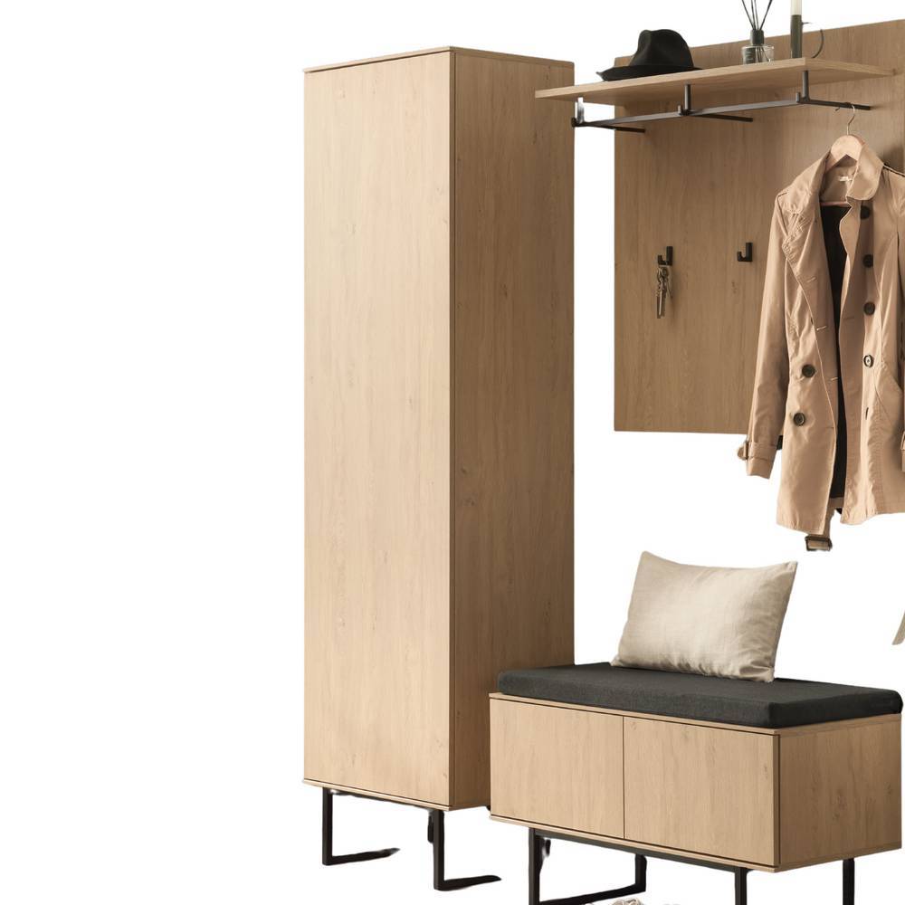 Komplettes dreiteiliges Garderobenset mit Hochschrank, Sitzbank und Wandgarderobe in Eichendekor – Jaskin