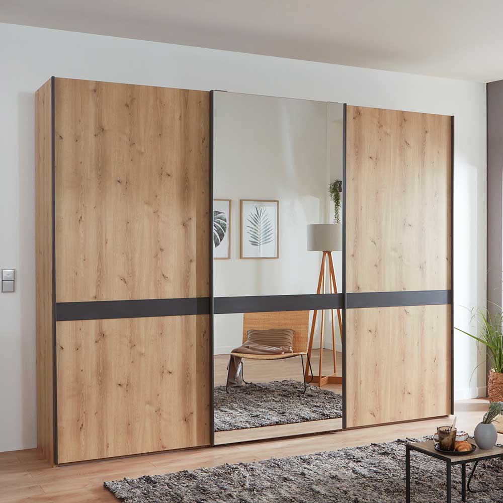 Moderner Schwebetürenschrank in Holzoptik mit Spiegeltür und dunklen Akzenten – Ulapos