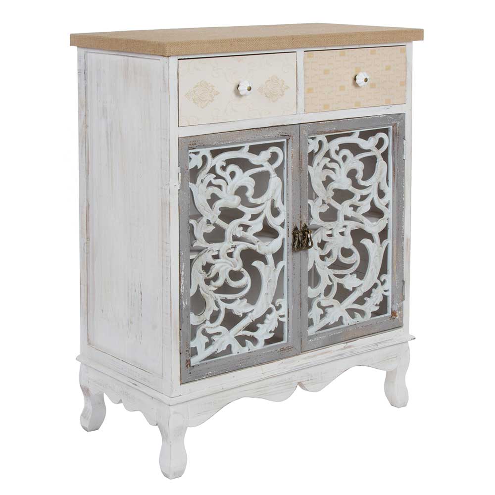 Shabby Chic Kombi-Kommode in Weiß mit zwei gemusterten Schubladen und verzierten Türen – Levino