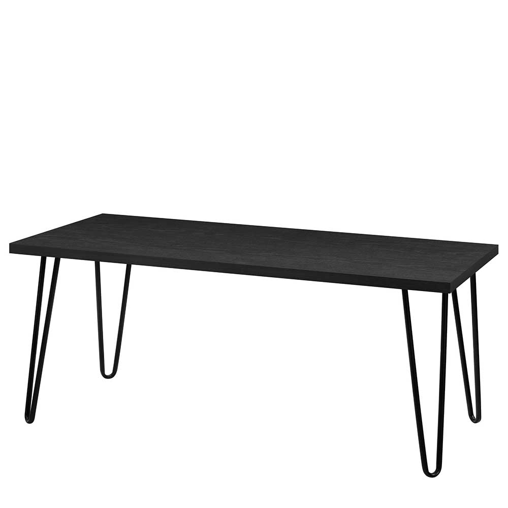 Moderner schwarzer Couchtisch in Eiche Optik mit schlanken Hairpin Beinen – Lancey