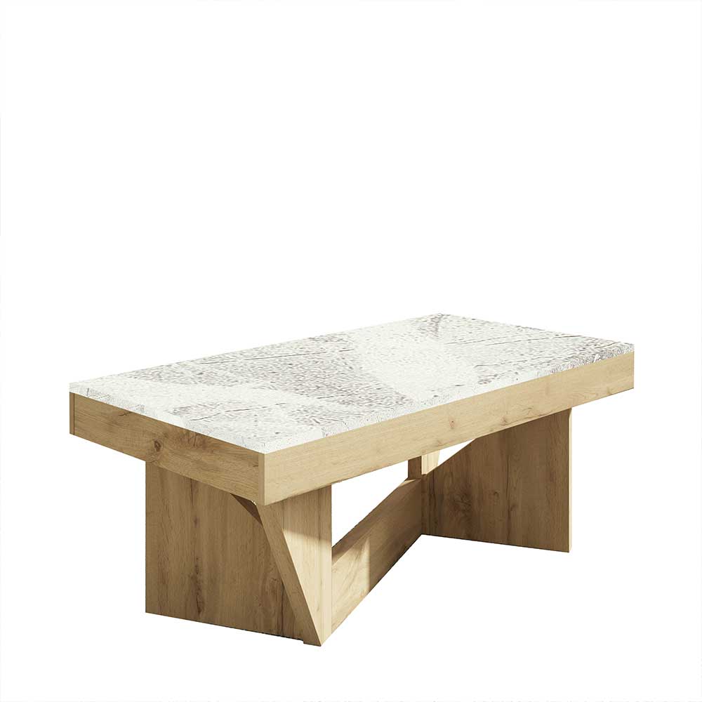 Moderner Couchtisch in heller Holzoptik mit weißer Betonoptik-Tischplatte und einzigartigem Fußdesign – Price