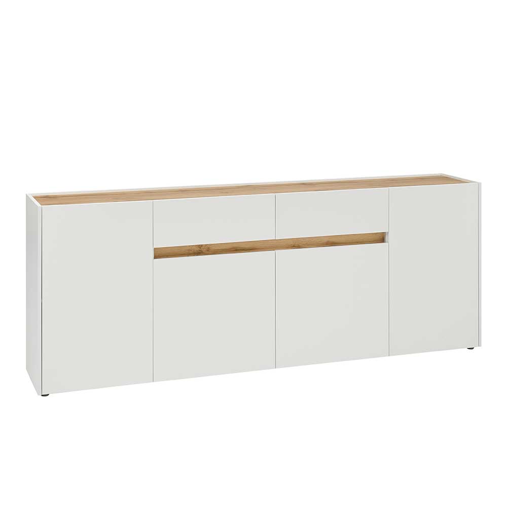 Modernes weißes Sideboard mit heller Holzplatte und Akzentstreifen für das Wohnzimmer – Nonessia
