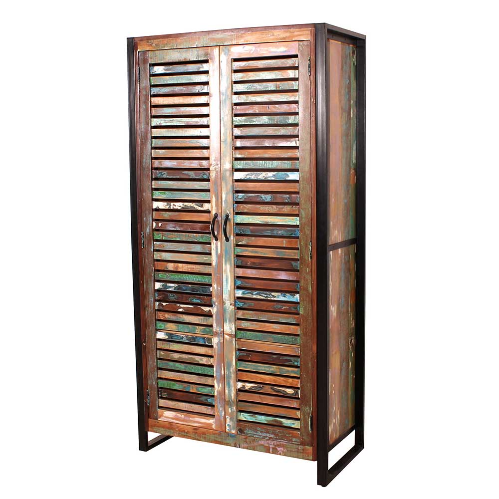 Stilvoller Shabby Chic Kleiderschrank mit zwei bunten Lamellentüren und schwarzem Gestell – Vosbadus