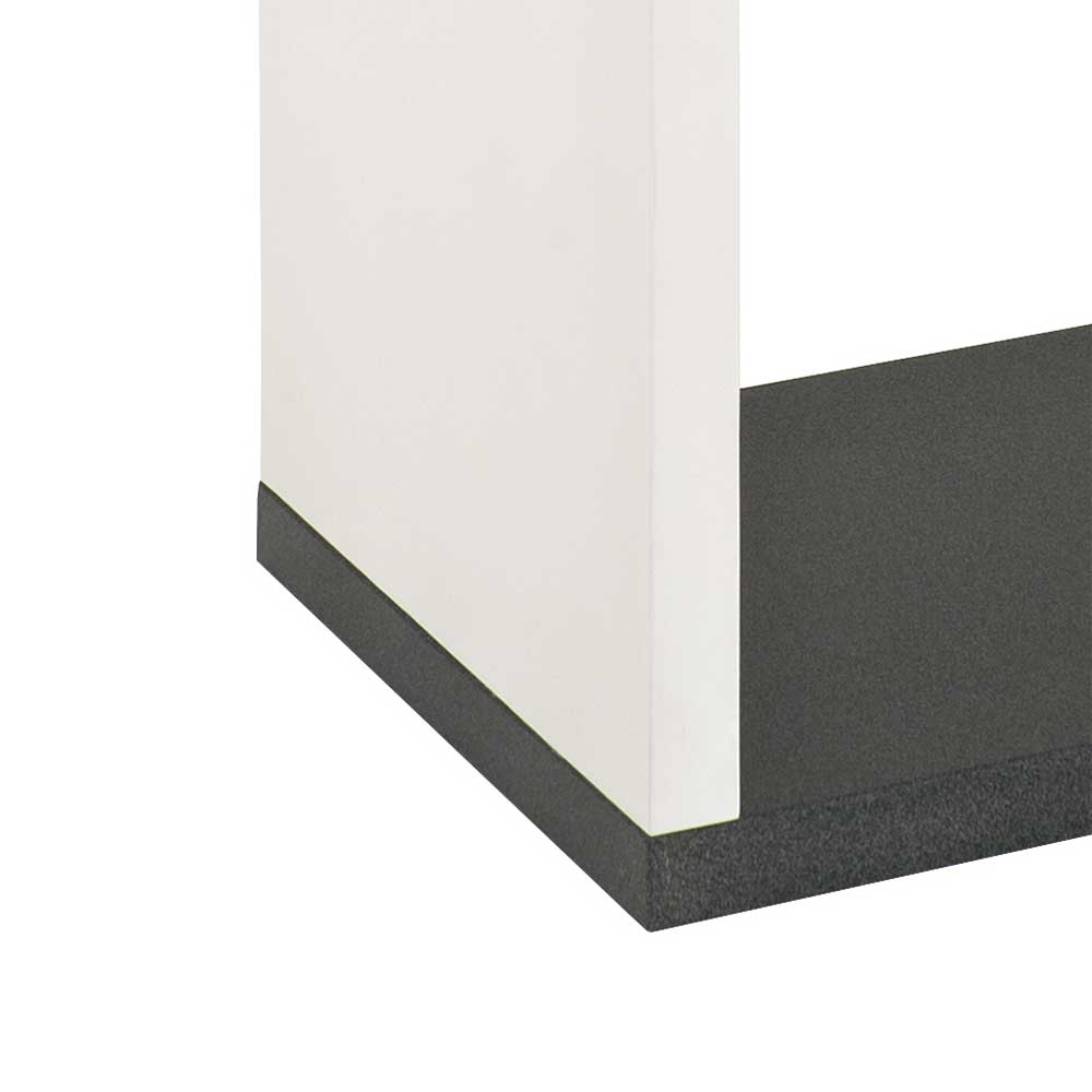 Unteres linkes Eckdetail des weißen Badregals mit grauer Stellfläche – Baptus