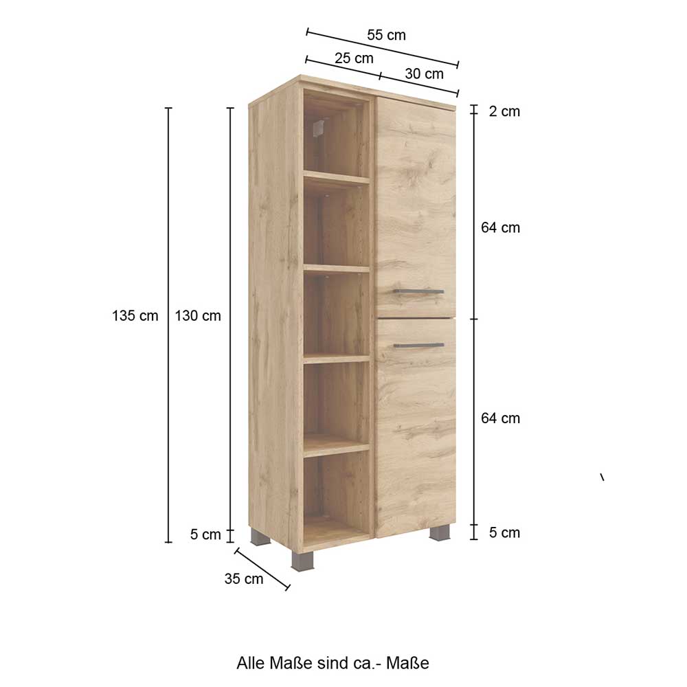 55x135x35 Badezimmer Midischrank in Wildeiche NB - Arazony