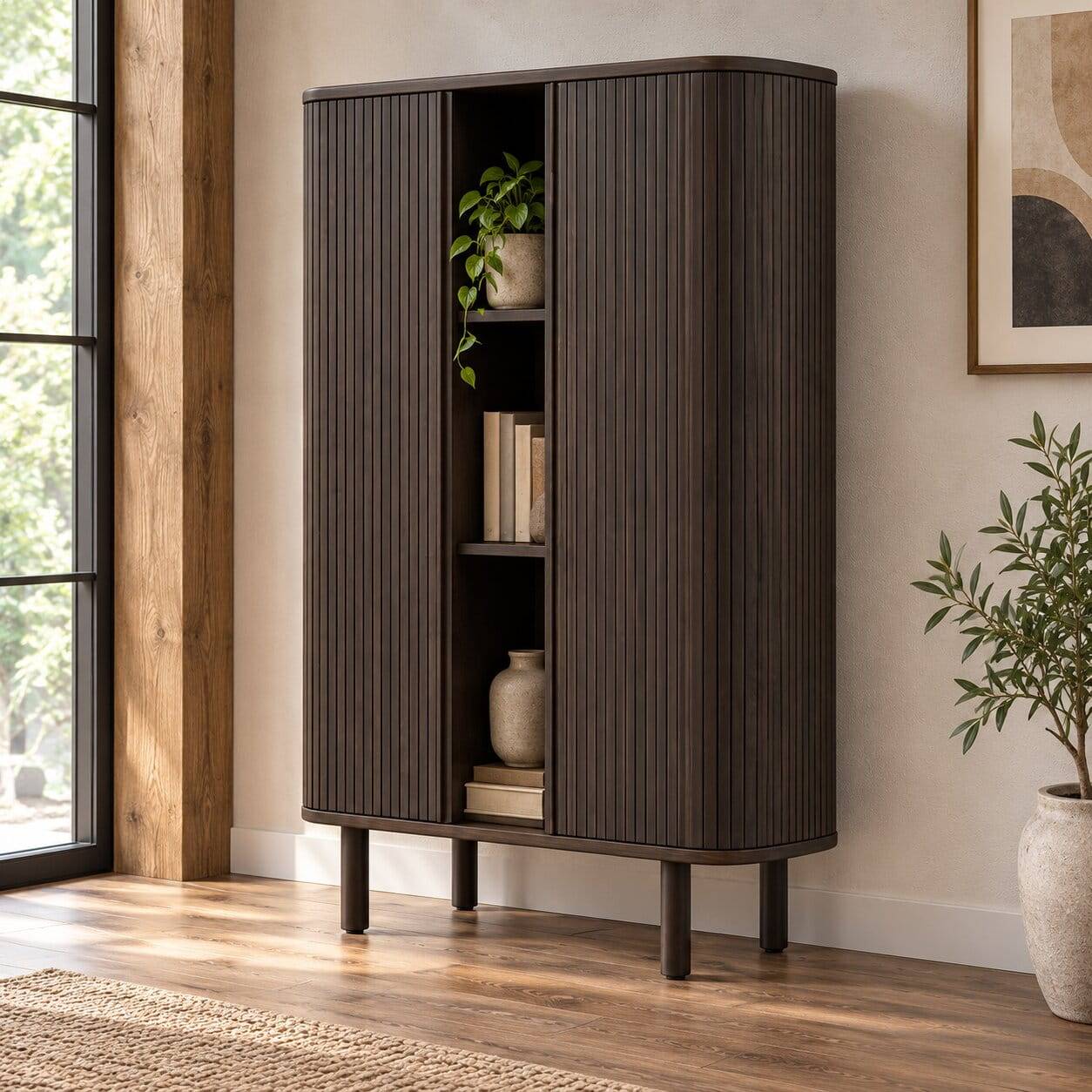 Retro Highboard mit Schiebetüren und Fächern - Tadaco