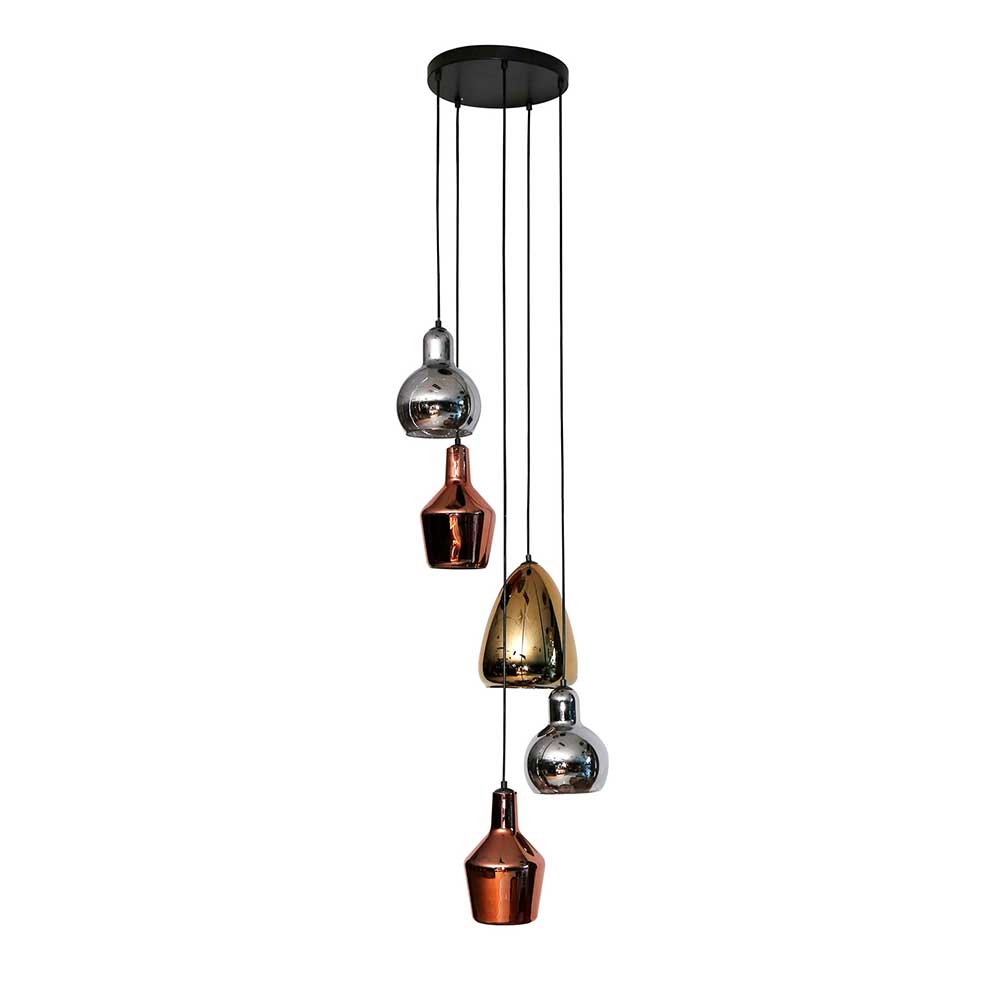 Elegante 5-flammige Pendelleuchte mit glänzenden Glasschirmen in Kupfer und Chrom für Esszimmerbeleuchtung – Yason