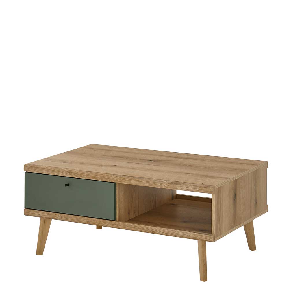 Eleganter Couchtisch mit einer Schublade in Graugrün und offenem Staufach in Wildeiche – Oliva