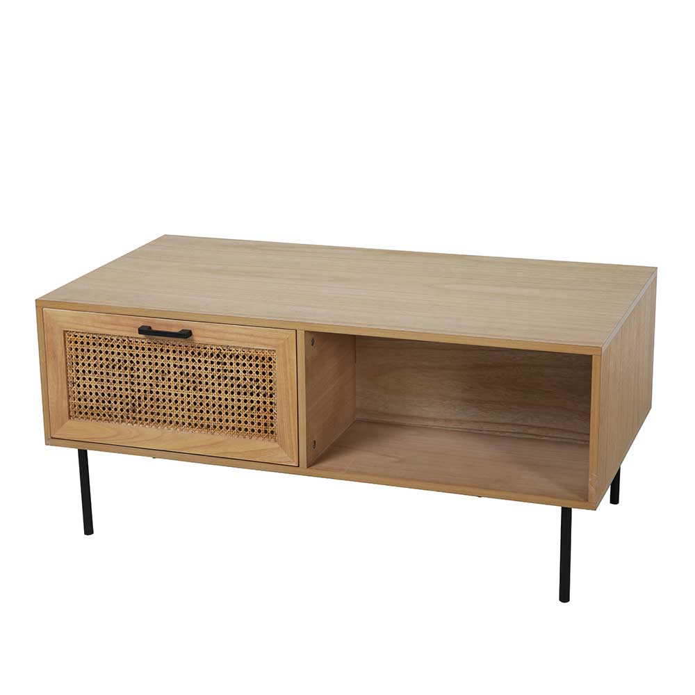 Funktionaler Holztisch für das Wohnzimmer mit Rattan-Tür und offener Ablage, skandinavischer Stil – Esholda