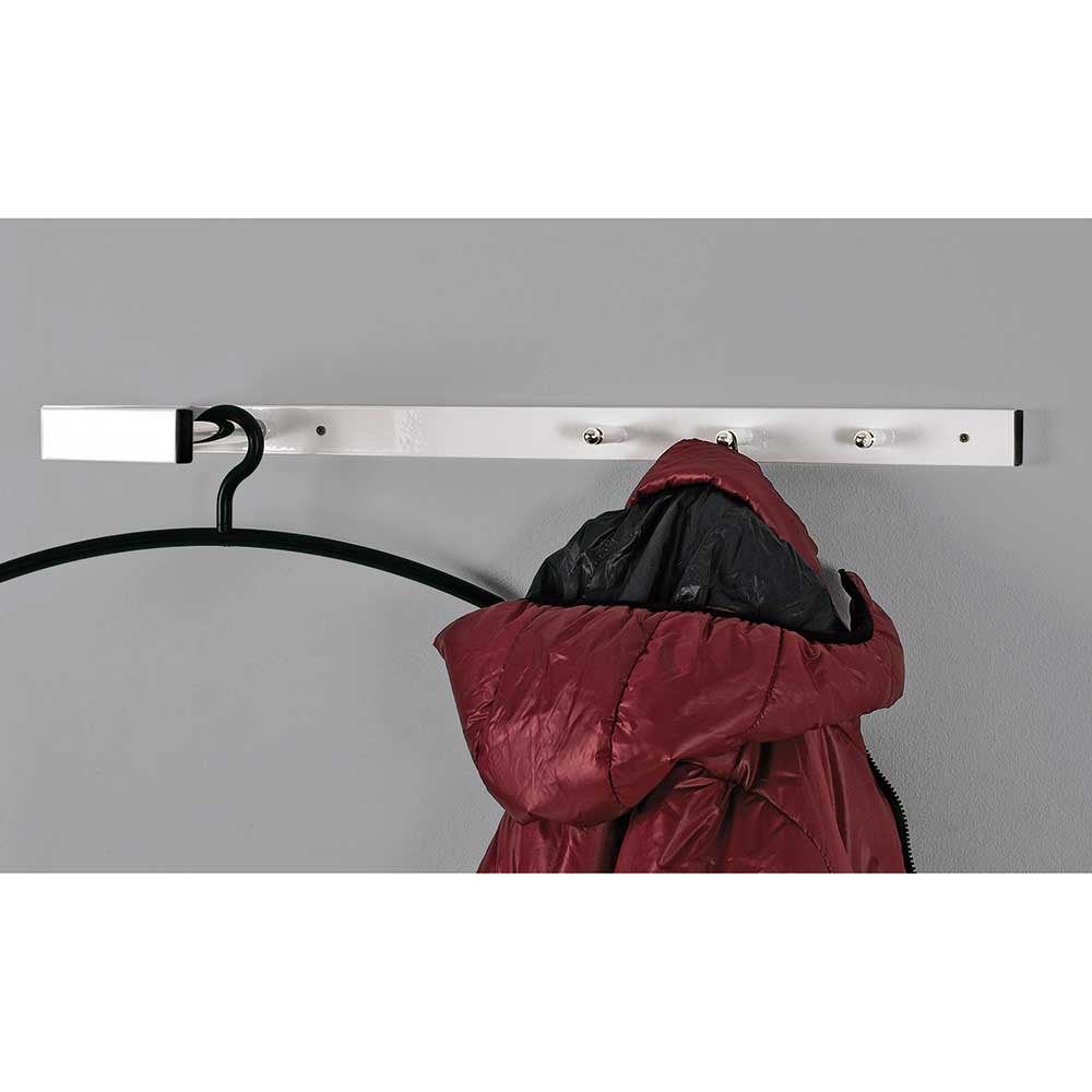 Weiße Wandgarderobe mit glänzender Kleiderstange und Haken für Jacken und Kleiderbügel – Icolaia