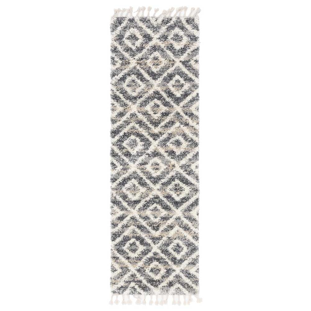 Langer Flurläufer Teppich in Creme und Grau mit geometrischem Rautenmuster und Fransen – Juwan