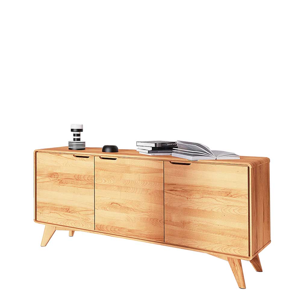 Modernes Sideboard mit drei Türen aus heller Kernbuche und schräg gestellten Holzbeinen – Junola